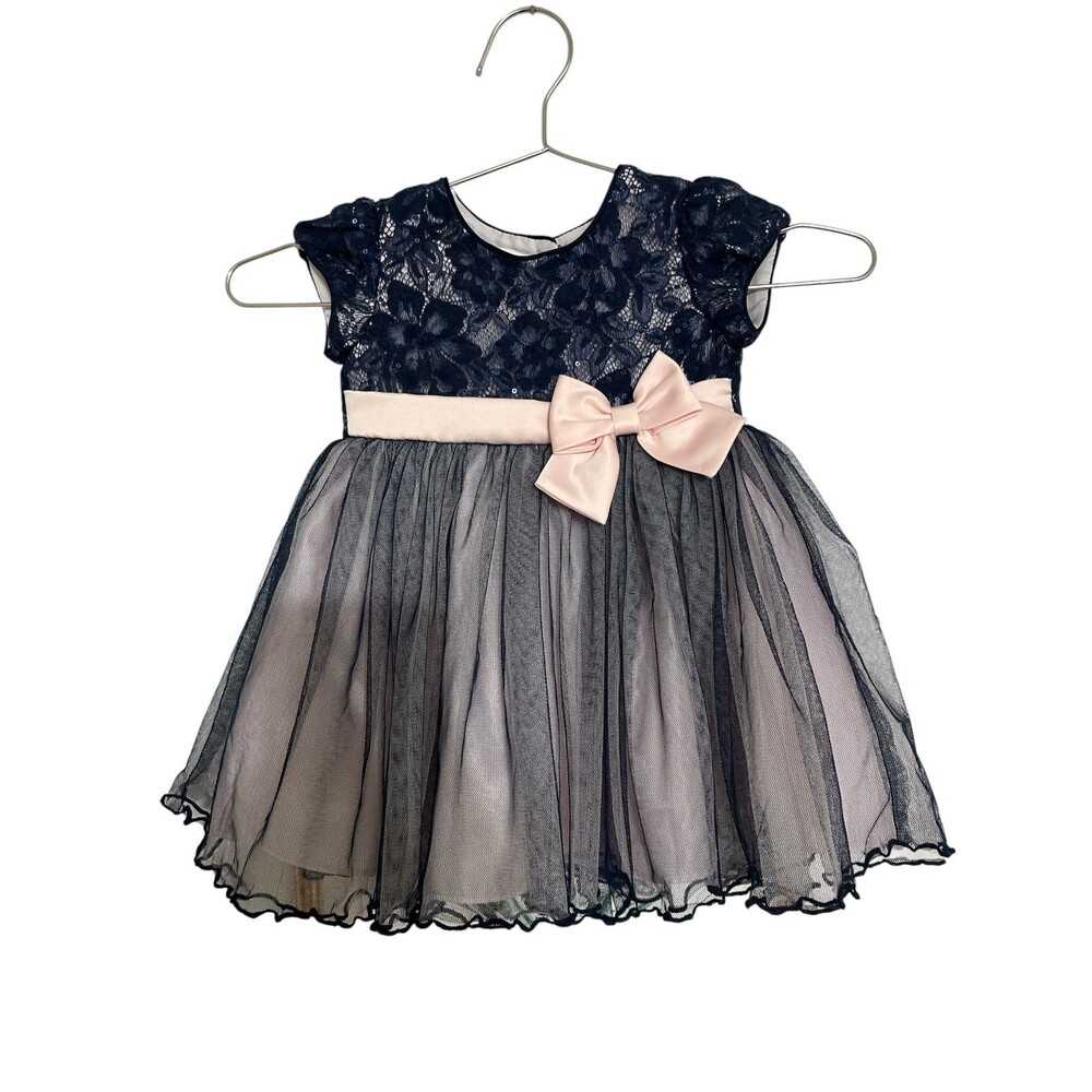Bonnie Baby toddler Girl Navy lace and Tulle Party Dress with Pink Bow S 18 mo